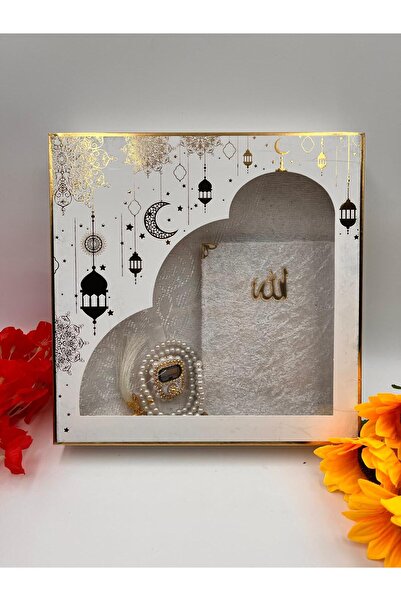 DUHA HAC Dowry Set, Gift, 4-Piece Bridal Bundle Set, Taffeta Prayer Rug, Yasin, Stone Zikirmatik, Pearl Prayer Beads