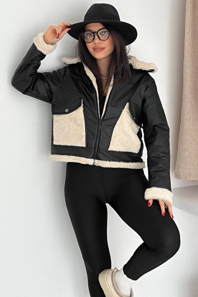 Noa Noa Women's Plush-Lined Leather Jacket – Plush Detail on Pockets & Contrast Collar