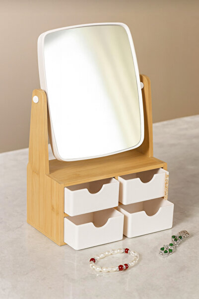 DrBambu Organizator cu oglindă și 4 sertare – Organizator pentru machiaj și b...
