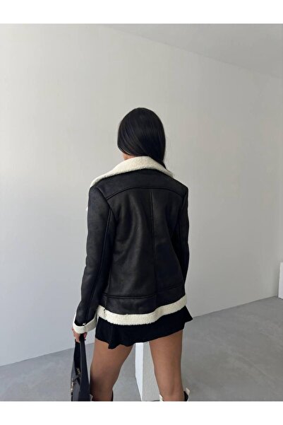 FORVENS Women's Fur Side Pocket Long Leather Coat