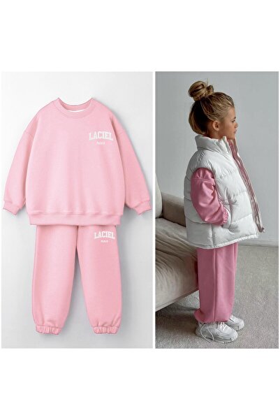 Magu Girl's Cotton Pink Sweatshirt Tracksuit Bottom-Top Set
