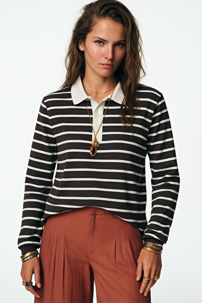 HAKKE Polo Yaka Çizgili Ribana BLUZ