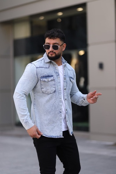L-KOM Erkek Kot Gömlek Rahat Kalıp, Çift Cepli, Düğmeli Denim Gömlek