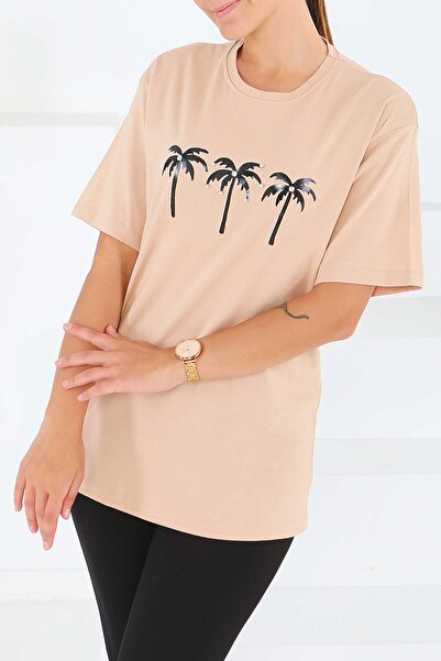 TOFİSA Μπλουζάκι με στάμπα και κοντά μανίκια, μπεζ - 27569