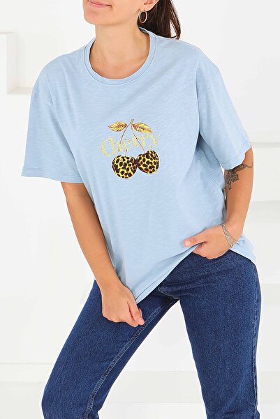 TOFİSA Μπλουζάκι με στάμπα και κοντά μανίκια Baby Blue - 27575