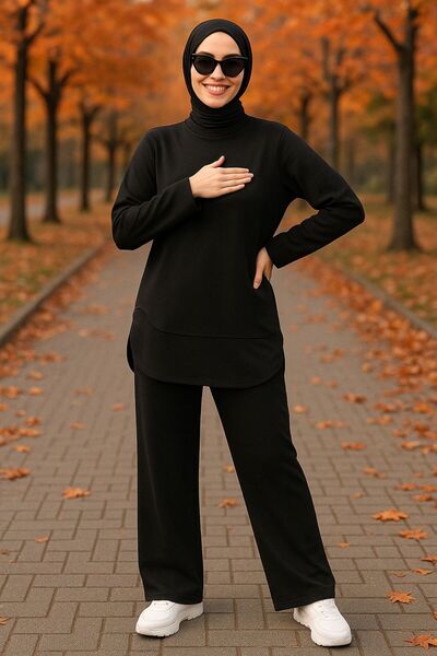 İpli Women's Hijab Oversize Black Color Double Set