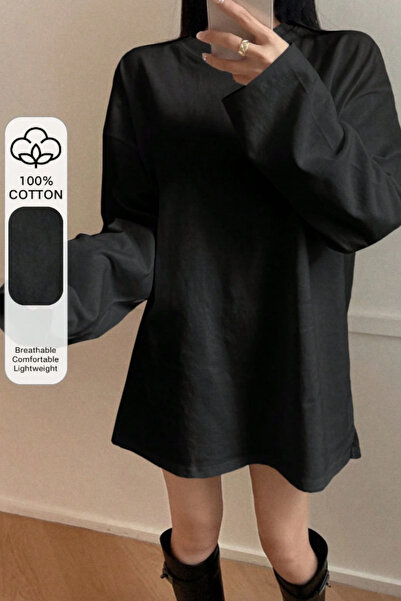 Tarz Cool Women's Black Loose Crew Neck Long Sleeve T-Shirt