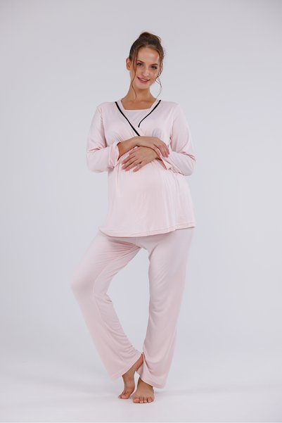 Lohusa Dünyasi Women's Powder-Colored Nursing-Friendly Double-Breasted Maternity Pajama Set with Dressing Gown, 3-Piece Set