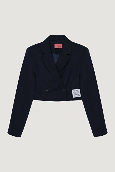 Quzu Γυναικείο μπουφάν με λεπτομέρεια με κορδόνια σε μπλε ναυτικό χρώμα 25YCKT00261-Navy Blue