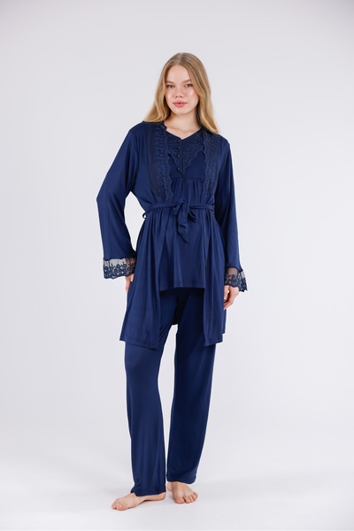 Lohusa Dünyasi Women's Navy Blue Sleeve and Collar Lace Maternity Pajama Set with Maternity Dress, 3-Piece Pajama Set