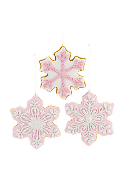 BraziPremium By OLLMA Set de 3 ornamente de Crăciun în formă de fulg de zăpadă din turtă dulce, 12 cm, aluat de lut, roz