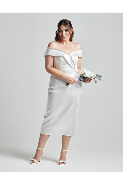 Moda Alba Stone Embellished Double Breasted Collar Midi Length Plus Size White Engagement-Wedding Evening Dress