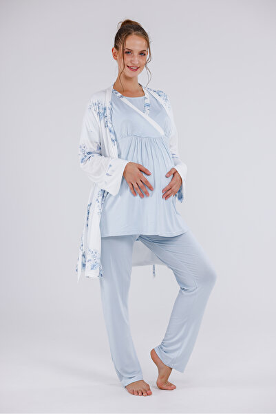 Lohusa Dünyasi Kadın Mavi Desenli Kruvaze Tasarım Lohusa Hamile Sabahlıklı 3'lü Pijama Takım Set