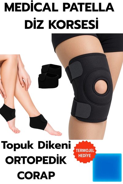 Clevora Topuk Çorabı 2'li Sağ Sol+ Medical Patella Destekli Dizlik + Termojel – Ortopedik Destek Seti