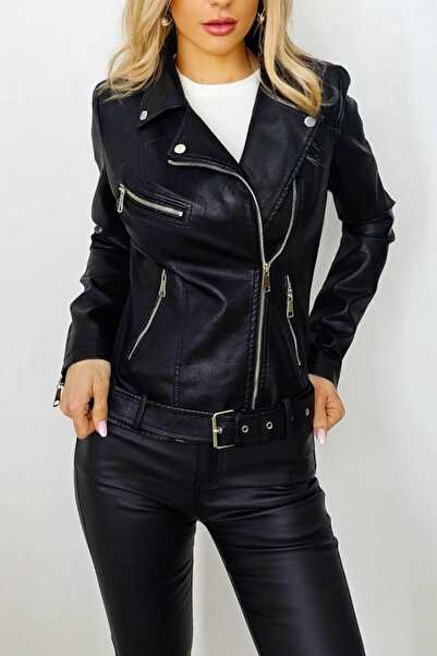 FashionForYou Geaca dama Calabria, din piele ecologica, cu fermoar lateral, b...