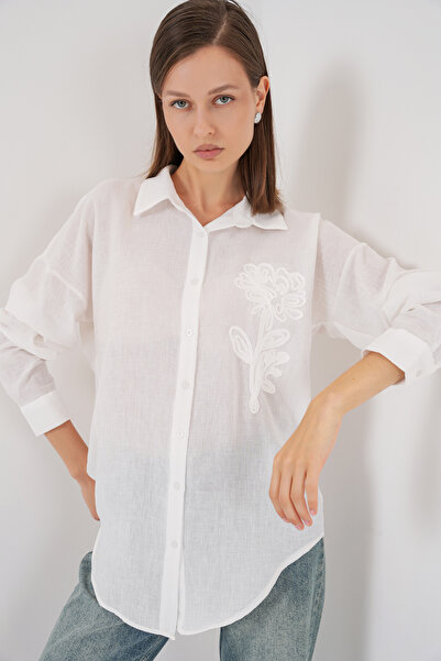 Bigdart Kadın Nakışlı Oversize Gömlek 20338 - Beyaz