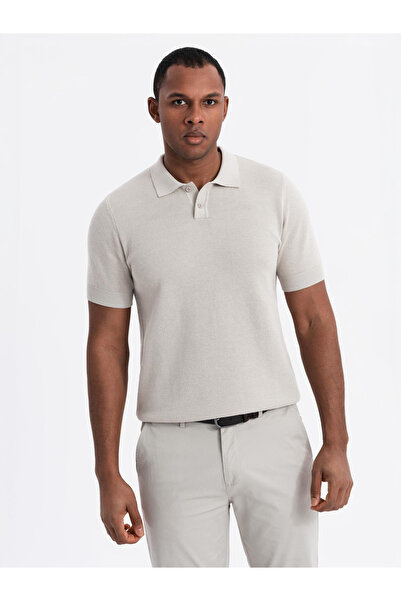 OMBRE Men's cotton structured knit polo shirt - beige V6 OM-POSS-0117 S