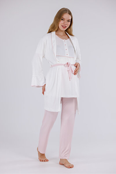 Lohusa Dünyasi طقم بيجامة نسائي مكون من 3 قطع من القطن بياقة شال للحوامل