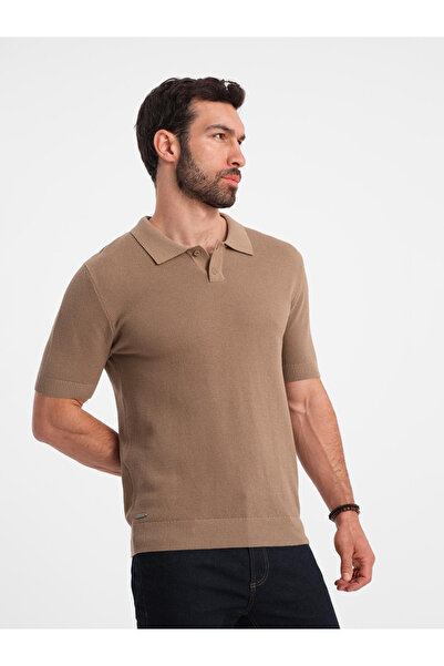OMBRE Men's cotton structured knit polo shirt - light brown V3 OM-POSS-0117 XL