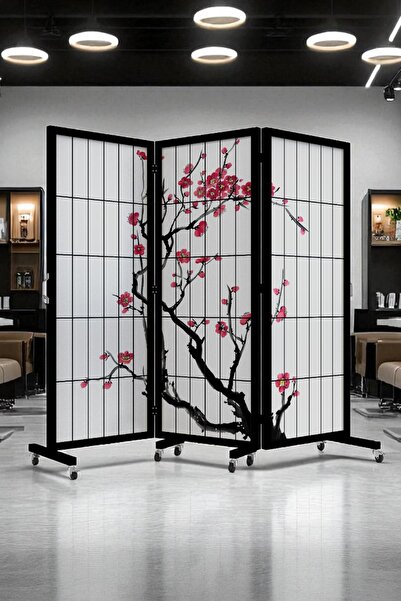 Fupe Shop Siyah Japon Sakura Ağacı Tekerlekli Ahşap Paravan Seperatör Oda Bölme