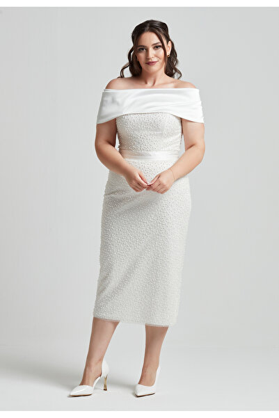 Moda Alba Detachable Neckline Detailed Beaded Strapless Midi Length Plus Size White Engagement-Wedding Evening Dress