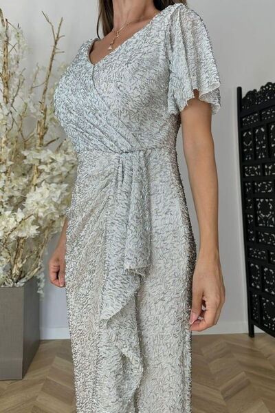 SUNAYBUTİK GRİ BORU BONCUKLU DRAPE V YAKA ABİYE