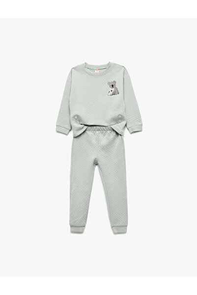 Koton Quilted Long Sleeve Crew Neck Koala Embroidered 2-Piece Set