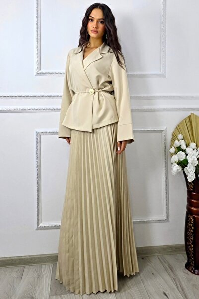 FashionForYou Επαγγελματικό κοστούμι LUNIS, με κρουαζέ σακάκι και πλισέ φούστα, Κρεμ