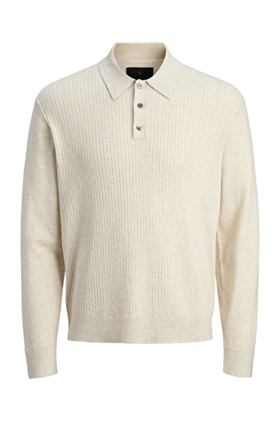 Jack & Jones Erkek Bej Jprblaedgar Knit Polo Ls Gömlek 12283290-Silverlin