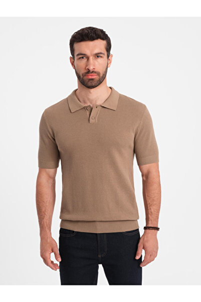 OMBRE Men's cotton structured knit polo shirt - light brown V3 OM-POSS-0117 XL