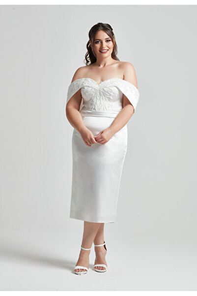 Moda Alba Embroidered Collar Midi Length Plus Size White Engagement-Wedding Evening Dress
