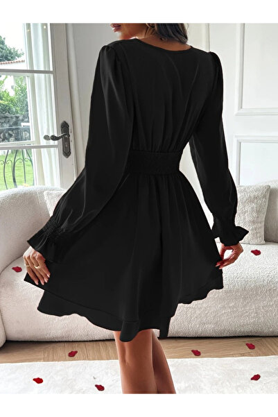Modayakamoz Yeni Sezon Kadın Uzun Kollu Kruvaze Yaka Mini Sandy Elbise