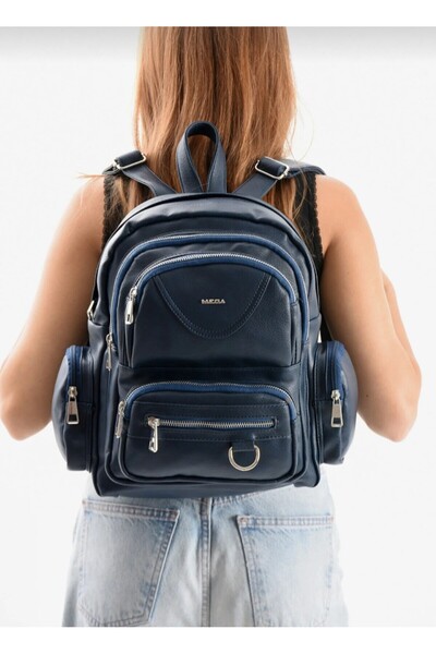 eflanmoda Mega Women's Navy Blue Multi-Compartment Soft Leather Backpack