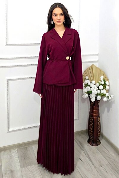 FashionForYou Costum business LUNIS, cu fusta lunga si sacou petrecut, Burgundy