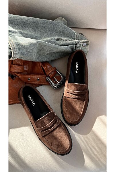 Saracshoes Gerçek Süet Kahverengi Kadın Loafer Gossa