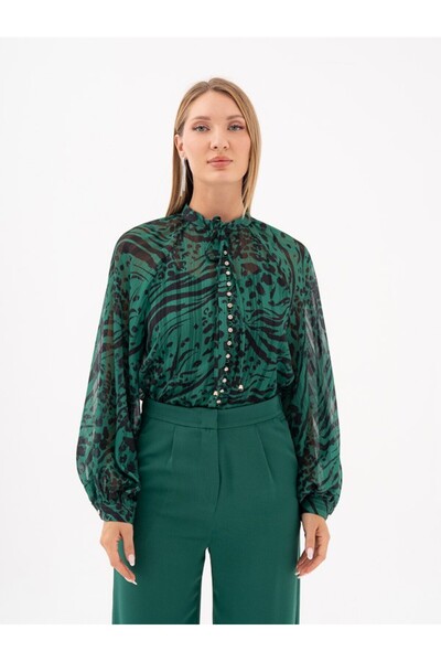 SERPİL Yeşil Desenli Şifon Düğmeli Gömlek 39151
