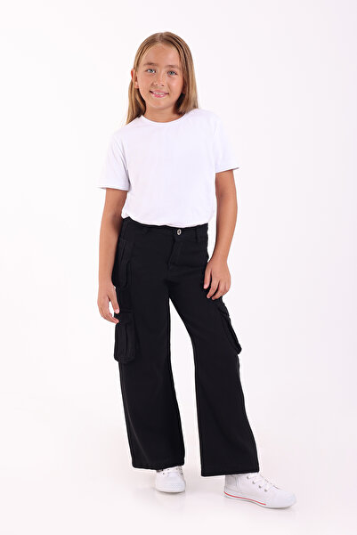 Pafim Kız Çocuk Beli Ayarlanabilir Kargo Cep Detaylı Rahat Kesim Pamuklu Kot Pantolon