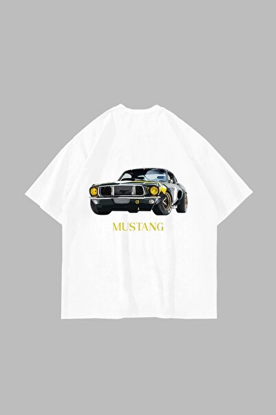 Sekizbiraltı Old Mustang Štampano Oversize kroj Unisex bela majica