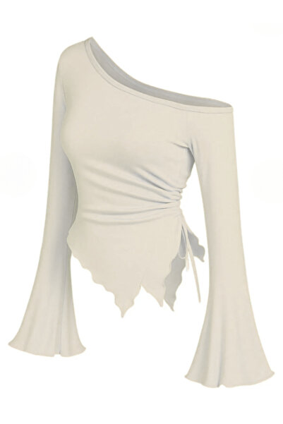 MOONBULL Women's Asymmetrical Cut Side Gathered Winter Long Spanish Sleeve Bl...