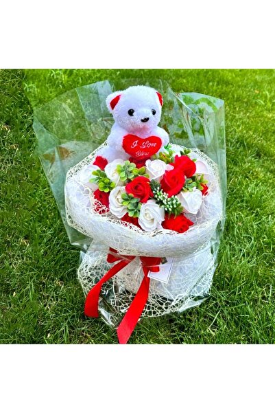 velve Buchet Special Bear, cu trandafiri de sapun, plante artizanale, urs din...