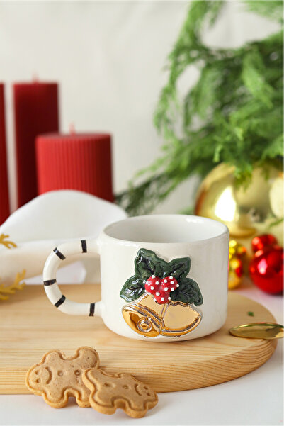 ada mia seramik Handmade Ceramic Mug with Christmas Bell Figure and 24K Gold Decoration, 200ml