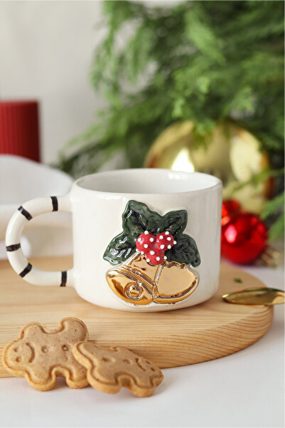 ada mia seramik Handmade Ceramic Mug with Christmas Bell Figure and 24K Gold Decoration, 200ml