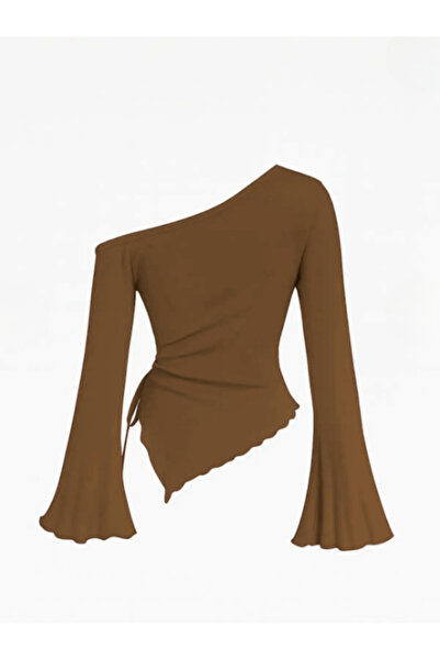 MOONBULL Women's Asymmetrical Cut Side Gathered Winter Long Spanish Sleeve Blouse