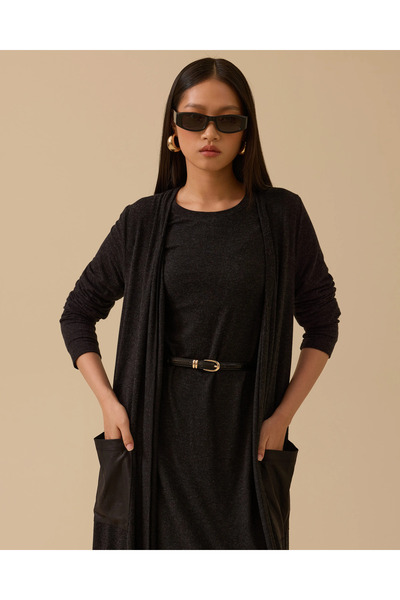 SCL Faux Leather Pocket Long Cardigan