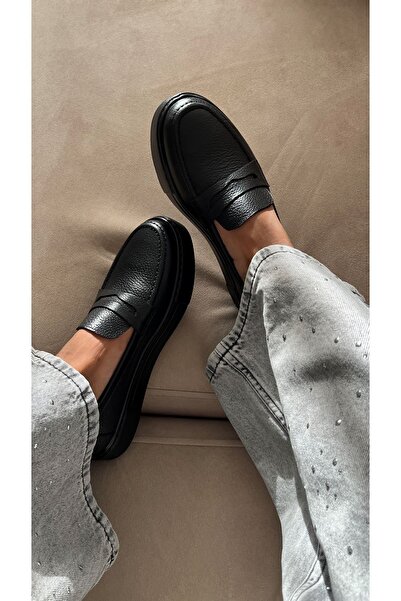 Saracshoes Gerçek Deri Siyah Kadın Loafer Gossa