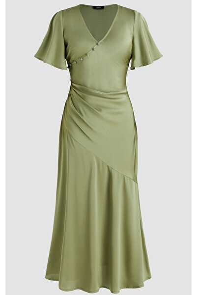 ARDSU Saten V Yaka Düğmeli Deniz Kızı Midi Elbise