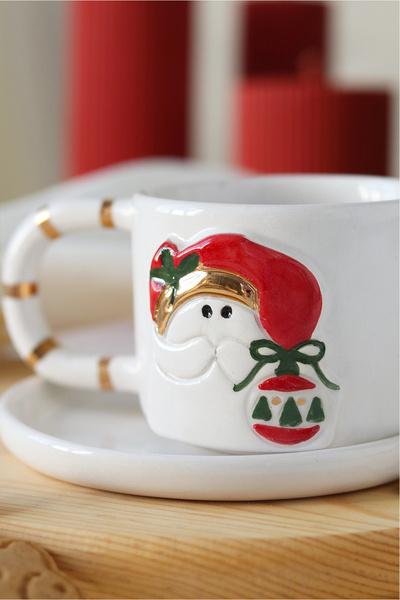 ada mia seramik New Year Santa Claus Figured 24k Gold Decorated Handmade Ceramic Mug 170ml