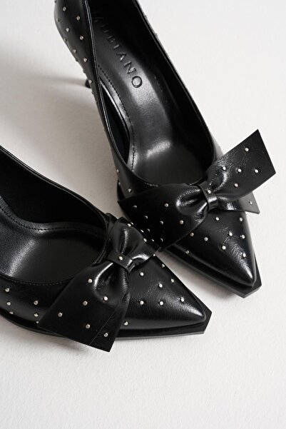 Mubiano Mirabel Women's Black Metal Accessory Bow Pointed Toe Thin Heeled Shoes Stiletto (7 cm)
