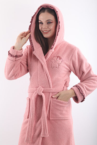 Wild Love %100 Bambu Kadın Kapüşonlu Nakışlı Sabahlık / Bornoz