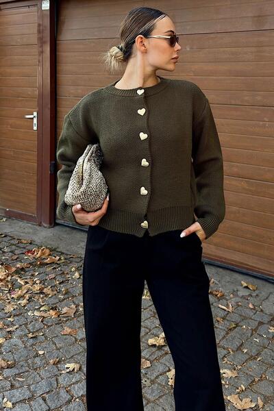 Swist Haki Heart Gold Heart Buttoned Women's Knitwear Cardigan